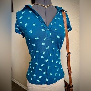 Y2k Henley Blue Teal Bird Print Energie XL Short Sleeve